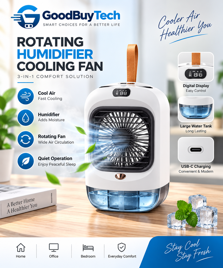 Portable Rotating Humidifier Cooling Fan – Rechargeable Mini Air Cooler with Water Tank