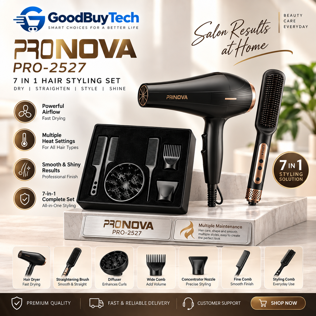 GoodBuyTech 7-in-1 Professional Hair Styling Set – Hair Dryer, Straightening Brush & Styling Accessories