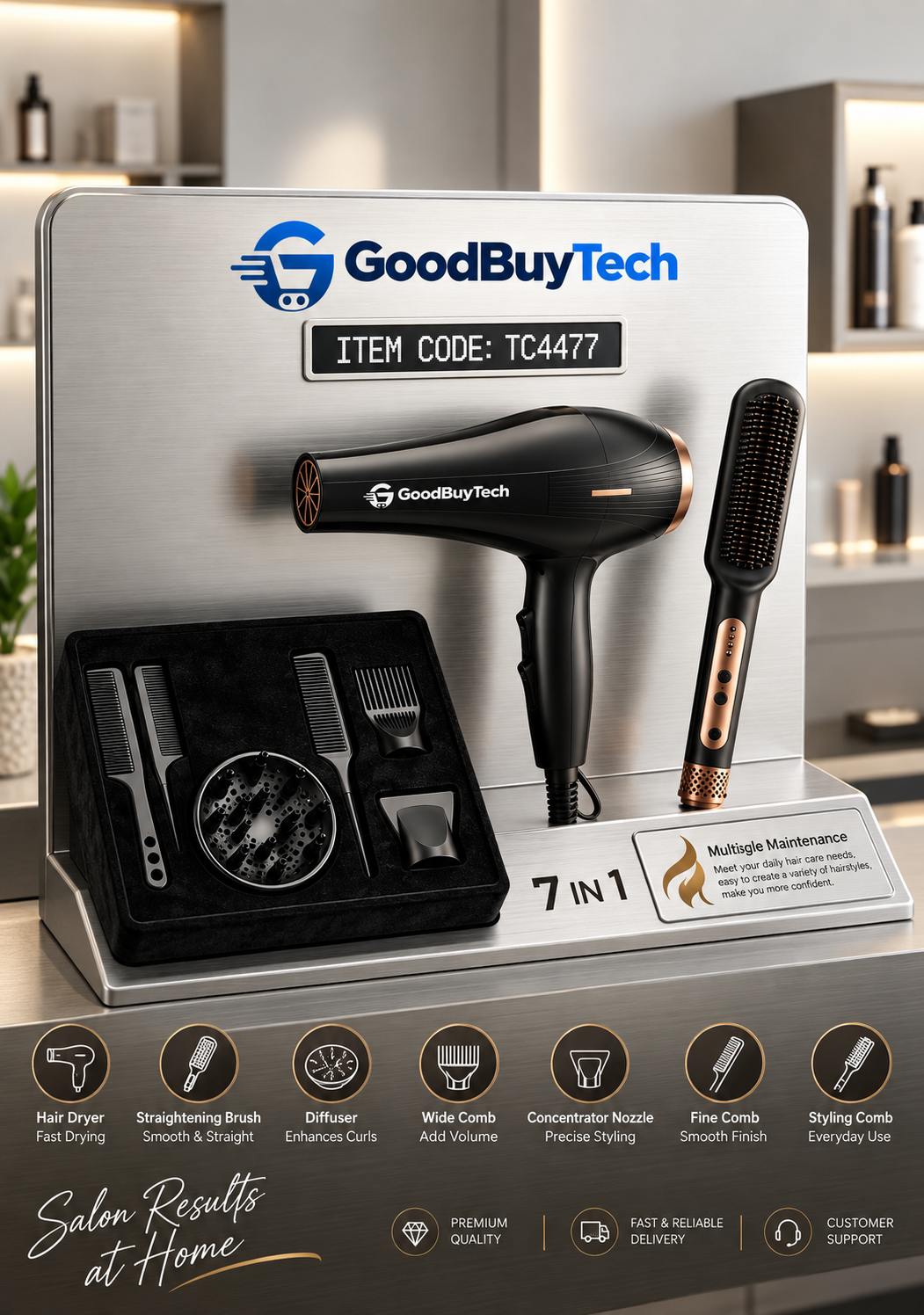 GoodBuyTech 7-in-1 Professional Hair Styling Set – Hair Dryer, Straightening Brush & Styling Accessories