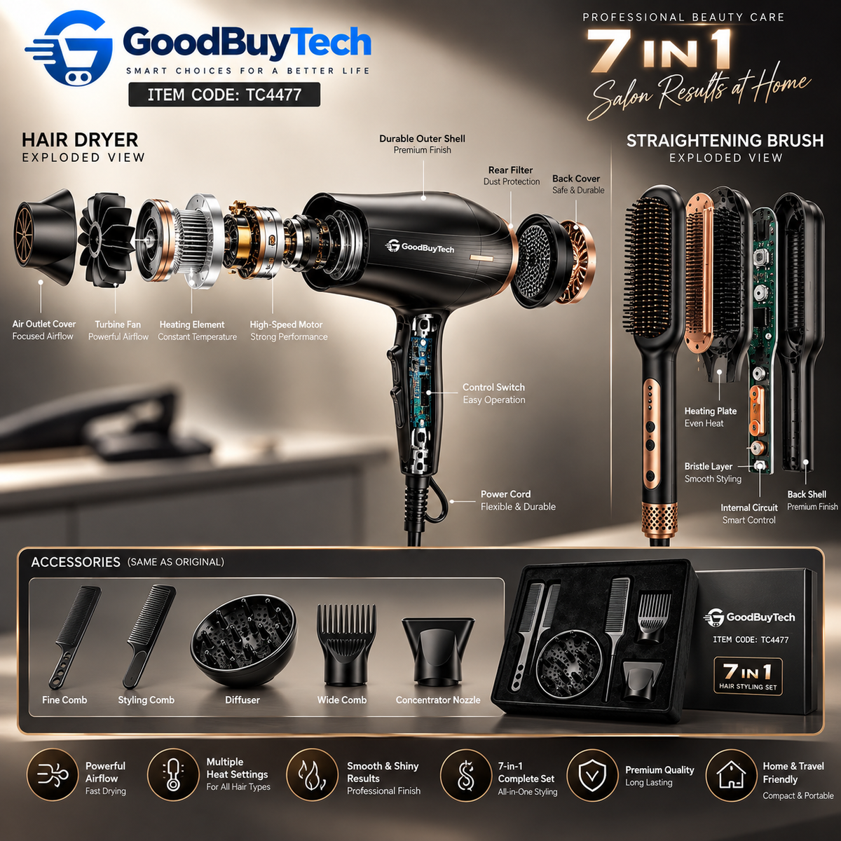 GoodBuyTech 7-in-1 Professional Hair Styling Set – Hair Dryer, Straightening Brush & Styling Accessories